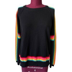 Brodie Cashmere Rainbow Stripe Crewneck Sweater size M Black
